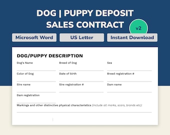 Dog / Puppy Sales Deposit Contract + Bill of Sale Template Printable | Perfect for Breeders and Buyers | Letter size | 5 Page Word document