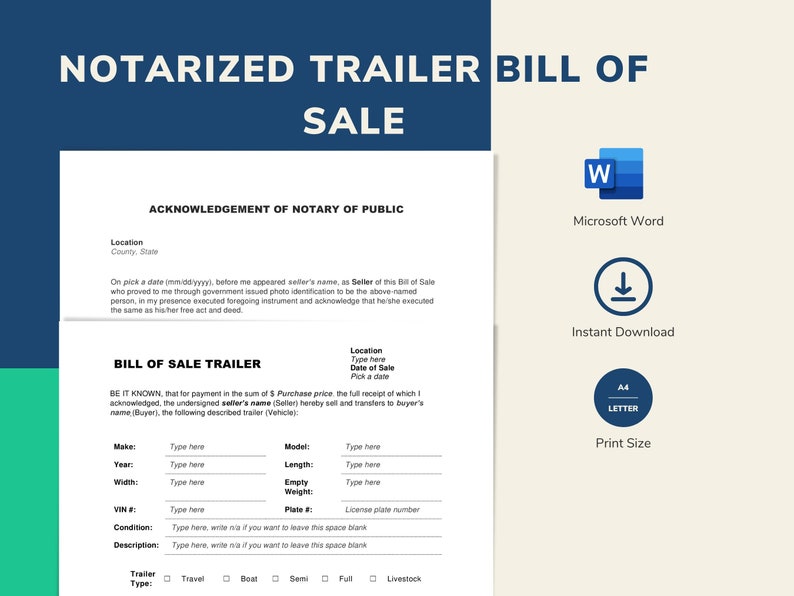 Notarized Trailer Bill of Sale Form Template 2 Page Microsoft Word
