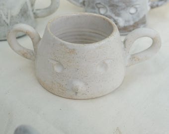 Handcrafted Stoneware Two-Handle Mug: Rustic Ceramic Cup