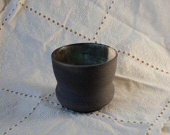 Hand Stamped 250 ml Black Stoneware Cup – Dark Clay Rustic Wheel Thrown Pottery
