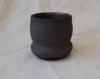Hand Stamped 200 ml Black Stoneware Cup – Dark Clay Rustic Wheel Thrown Pottery
