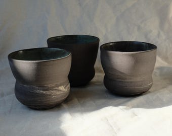 Hand Stamped 300 ml Black Stoneware Cup – Dark Clay Rustic Wheel Thrown Pottery