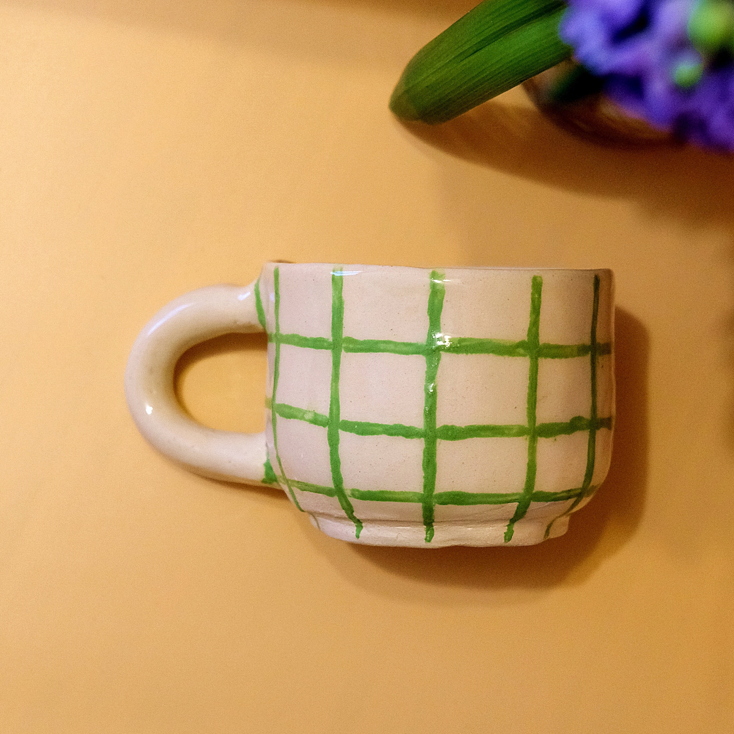 Sweet Green Plaid Handmade Hand Painted Ceramic Mug Cup 375 Ml Capacité | Tasse à Café en Céramique 