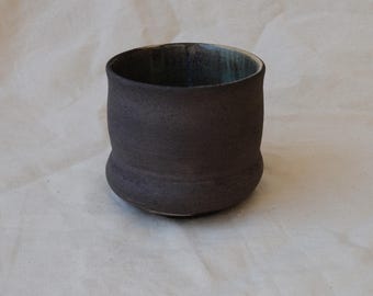 Hand Stamped 200 ml Black Stoneware Cup – Dark Clay Rustic Wheel Thrown Pottery