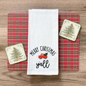 Merry Christmas y&#39;all tea towel | red Christmas truck | southern Christmas | Christmas embroidery | Christmas home decor