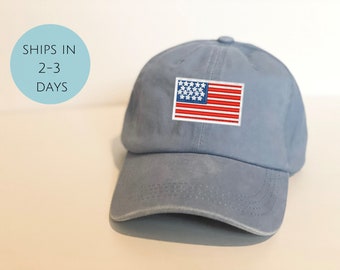 USA Flag Baseball Cap - Washed Cotton Twill Cap With Frayed Bill & Adjustable Strap, One Size