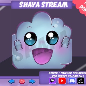 May include: A blue cloud-shaped cartoon character with big eyes and a wide smile. The character is in a digital vending machine with the text "SHAYA STREAM" and "INSTANT DOWNLOAD". The character is optimized for direct upload on Twitch, YouTube, Discord, and TikTok.