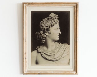 Fotografía antigua de la estatua de Apolo, descarga digital, arte de la mitología griega, arte mural, arte digital, impresión en blanco y negro, arte en tonos neutros