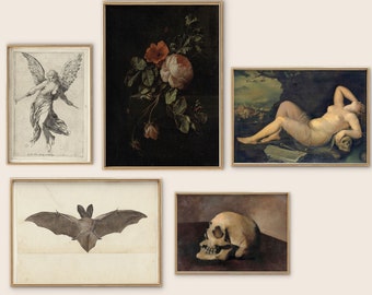 Juego de pared de galería Moody Dark Academia/Juego de 5 impresiones/Arte de pared de 5 piezas/Pintura al óleo vintage de Moody/Boceto vintage de tonos de Moody/