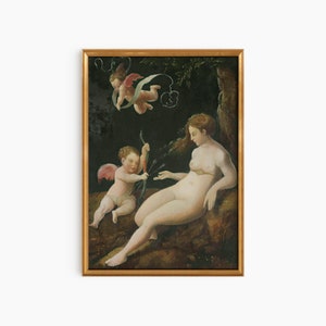 Impresión de mitología griega antigua, Venus y Cupido, impresión de Dark Academia, pared de galería, impresión de pintura al óleo antigua, impresión griega, impresión de mujer desnuda