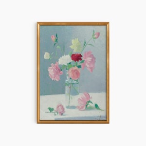 Vintage Still Life Pink Flowers Oil Painting, Wall Art, Digital Art,Light Academia Decor, Rustic Farmhouse Decor