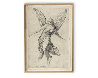 Vintage Sketch of Pheme ,Goddess of Fame,Digital Download,Greek Mythology Art,Wall Art, Digital Art, Black and White Print,Neutral Tones Art