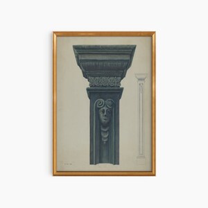 May include: A framed print of a black and white architectural drawing of a column with a decorative top and a human face carved into the side. The drawing is on a white background.