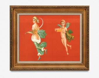 Digital Fine Art Print, Pompei Mural Painting in Red of Woman and Cherub, Vintage Prints Instant Download, Historial Print, Modern Interiors