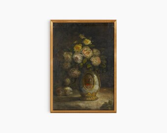 Arte stampabile con pittura di fiori scuri, arte murale floreale malinconica, stampa Dark Academia, arte murale vittoriana con pittura malinconica vintage, stampa antica