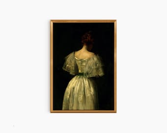 May include: A painting of a woman in a white dress with a green sash, standing with her back to the viewer. The woman has red hair and is wearing a white dress with a green sash. The background is dark.