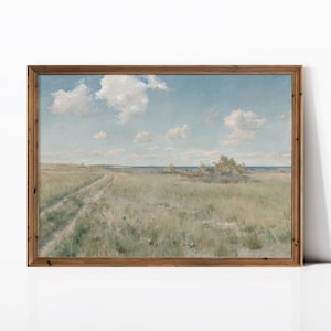 May include: A framed painting depicting a landscape scene with a dirt road leading to a body of water. The sky is blue with white clouds and the grass is green.