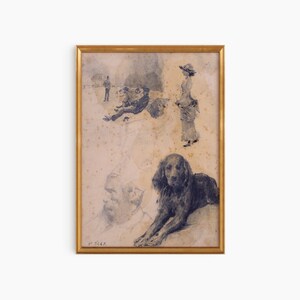Digital Download, Rustic French Painting, Vintage dog illustration, Vintage Country Art, Vintage Moody Abstract Sketch,