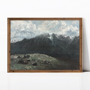 Vintage Painting of Valley and Hills,Rustic Snow Caped Mountain,Cabin Decor,Antique Scenery Art Print, Vintage Country Art,Digital Download