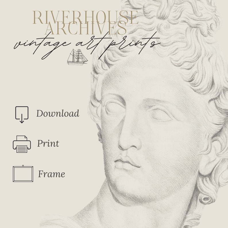 Puede incluir: Un dibujo a l&aacute;piz en blanco y negro de una escultura cl&aacute;sica de la cara de un hombre. La imagen se titula "Riverhouse Archives vintage art prints".
