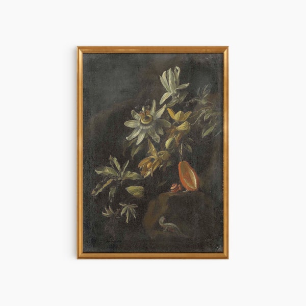 Vintage Still Life Oil Painting,Digital Wall Art,Dark Academia Decor, Gallery Wall,Victorian Oddities Print,Moody Print,Passion Flower Print