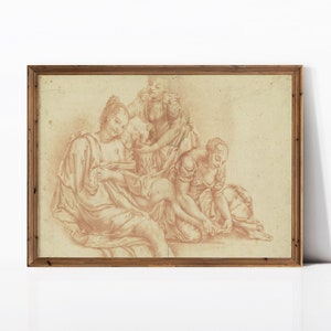 Weibliche Figuren Baden Vintage Skizze, rote Kohle Zeichnung, digitaler Download, Bauernhaus ästhetisch Dekor, rustikale französische Kunst, Vintage Country Art