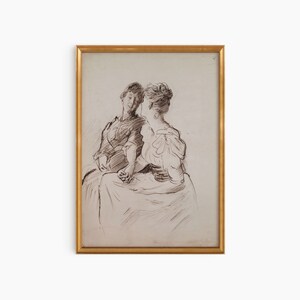 Puede incluir: Un dibujo en blanco y negro de dos personas sentadas juntas. Las personas están dibujadas en un estilo realista y se miran. El dibujo está enmarcado en un marco dorado.