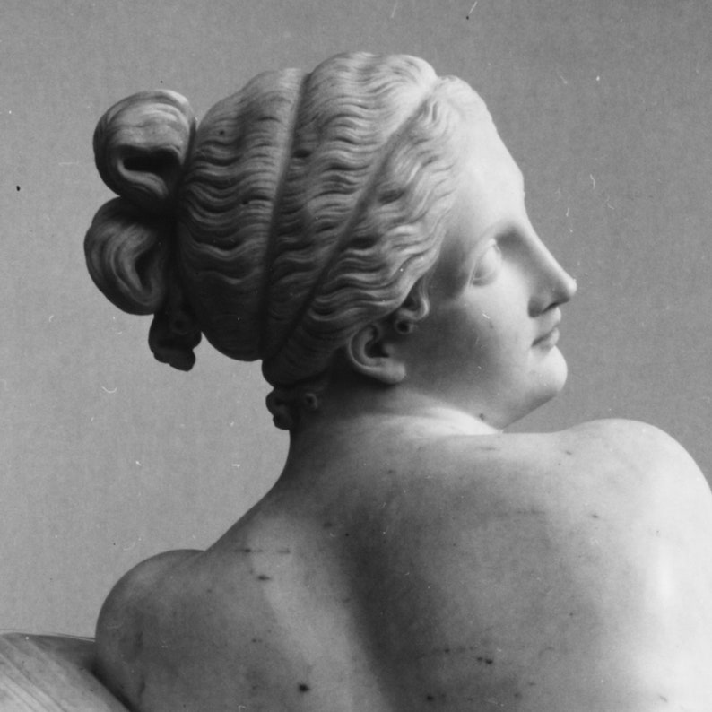 Puede incluir: Una escultura de m&aacute;rmol blanco de la cabeza y los hombros de una mujer. El cabello de la mujer est&aacute; recogido en un mo&ntilde;o y ella mira por encima del hombro.
