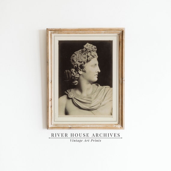 Vintage Photograph of Apollo Statue, Digital Download,Greek Mythology Art,Wall Art, Digital Art, Black and White Print,Neutral Tones Art