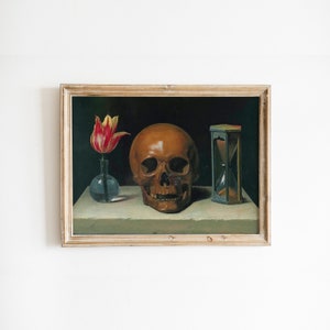 Vintage Still Life Oil Painting, Momento Mori Print,Dark Academia Decor, Moody Print, Spooky Print,Digital Download