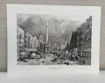 1876 Innsbruck Original Antik Stahlstich Dekorative Kunst 31 x 20 cm