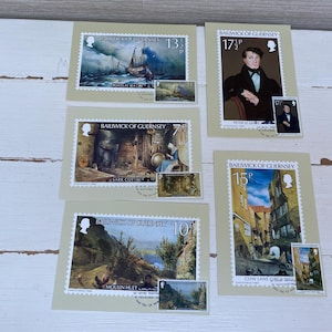 Set di 5 cartoline con francobolli dell'ufficio postale di Guernsey con francobolli - Peter Le Lievre 15 novembre 1980
