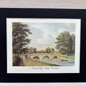 Trinity College Bridge , Cambridge Vintage Book Plate Mounted in Black Wall Decor 8 &quot;x 10 &quot;