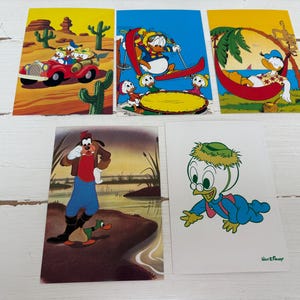 Lot de cinq cartes postales Disney vintage des années 1980 - Donald Duck, neveux, dingo