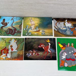 Lot de six cartes postales Disney vintage des années 1980 - Bambi, livre de la jungle, panpan, dumbo, aristochats