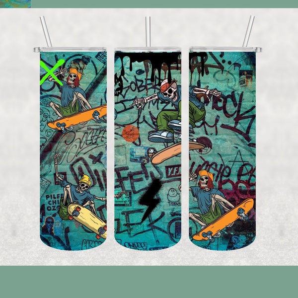 Skateboard Skinny tumbler Wrap/ 20oz/ Skeleton/ Graffiti Wall/ Skateboard Enthusiasts/ 9.25" x 8.063"/ PNG & PDF printable.