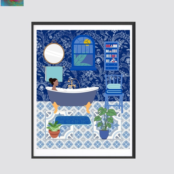 Bathroom print/ Digital Print/ lady in bathtub wall art/ Boho Print/ Blue/ PDF/Jpg/ Vintage wall art/ Bathroom wall decor/ Coastal Vibe