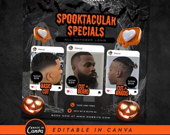 Halloween Barber Flyer: Spooky Specials, Hair, Locs, Braids (DIY Canva)