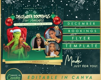 December Bookings Flyer (Grinch Theme) | Mua&#39;s, Hairstylists, Lash/Nail techs, Estheticians, & more | Social Media Post | MADE IN CANVA
