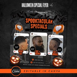 May include: Halloween special flyer for a barbershop called "The Cut" offering three haircut packages: Basic Cut for $15, Cut + Beard for $25, and Cut + Braids for $45. The flyer features a spooky theme with pumpkins and bats.