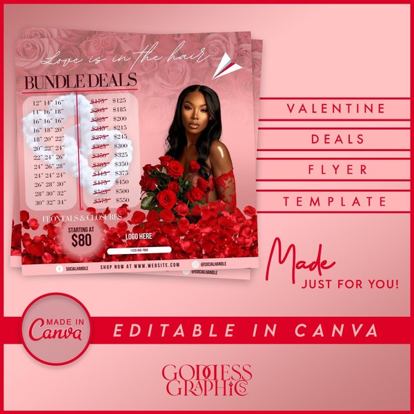Valentine's Day deals flyer | hair, wigs, bundles sale | Hairstylists, Lash/Nail techs, Estheticians, and more! | MADE IN CANVA