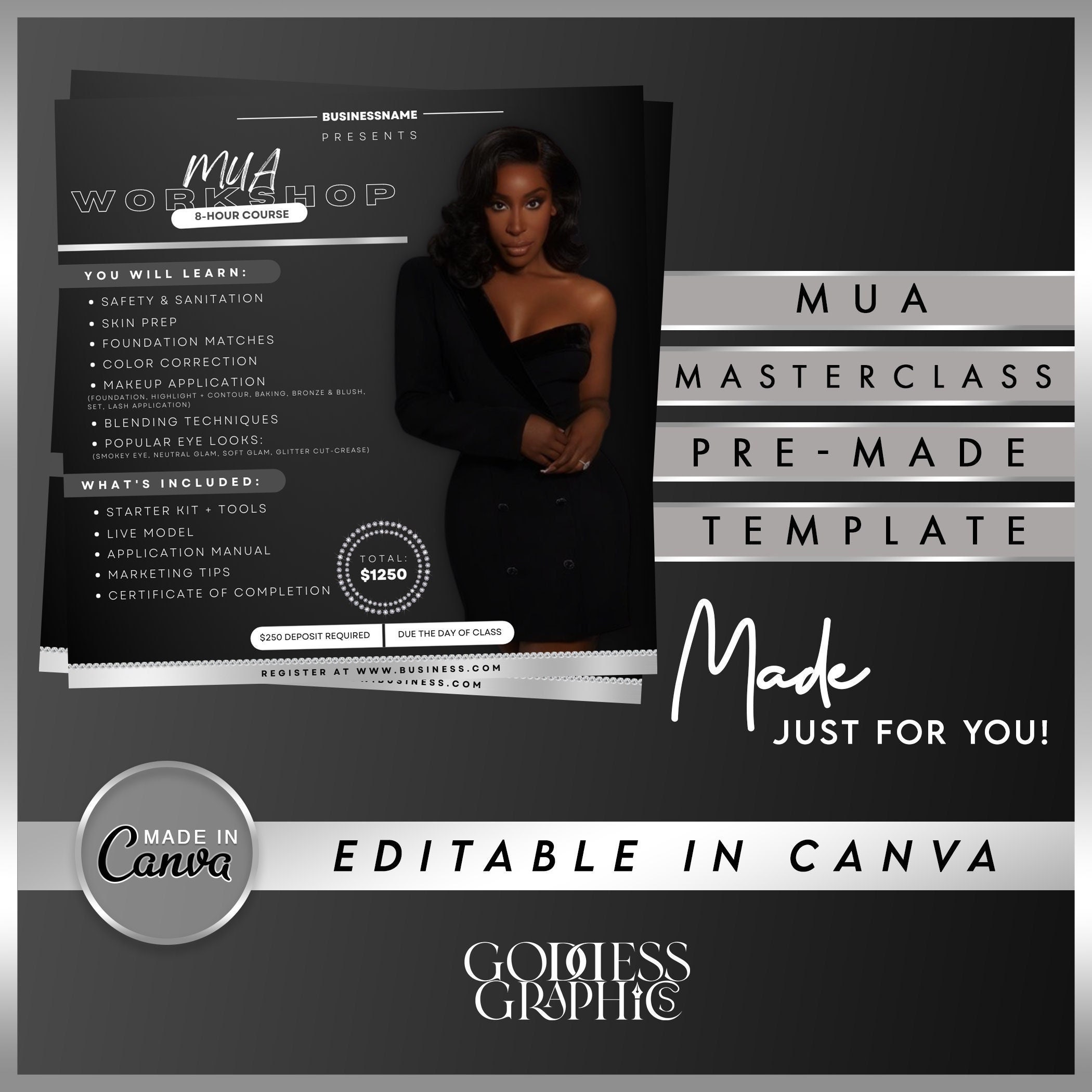 Masterclass Flyer Wealth Building Lash Extension Course Hairstylist Training DIY Glam Modern Girl Boss eFlyer Canva Template