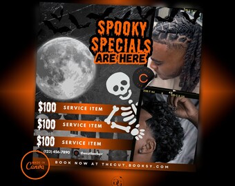 Halloween Spooky Specials Flyer: Hair, Barber, Lashes (DIY Canva, Motion)