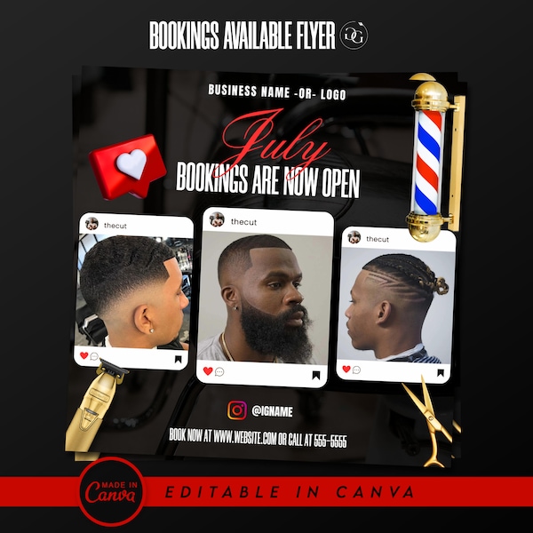 Barber Bookings Now Open Appointments Available Canva Flyer Template for Haircuts