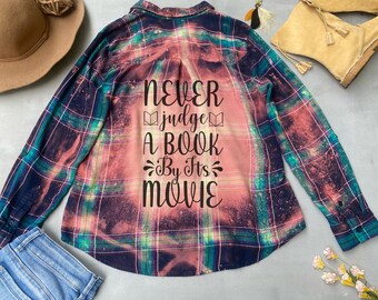 Flannel shirt for book lover, funny book gift, cute book lover gifts, custom made bleached shirt on upcycled flannel shirt unique gifts
