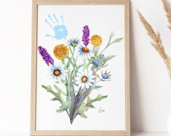 May include: A watercolor painting of a bouquet of wildflowers, including daisies, lavender, and yellow flowers. A blue handprint is visible in the upper left corner of the painting. The painting is signed "Lce."