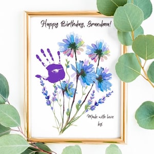 Manualidad con flores con la huella de la mano de la abuela, para cumpleaños, para imprimir en 8 x 10 y 8,5 x 11 pulgadas, regalo para la abuela