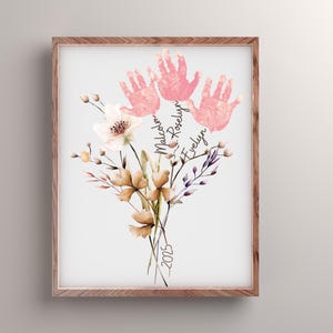 Arte de huellas de manos imprimible a pedido: impresión de flores silvestres personalizadas, artesanía de flores con huellas de manos, regalo de recuerdo de huellas de manos de bebé personalizado