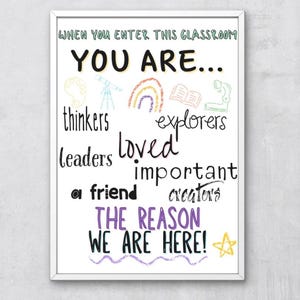 Może przedstawiać: Biała, oprawiona tablica do klasy z kolorowymi ilustracjami i tekstem "WHEN YOU ENTER THIS CLASSROOM YOU ARE... thinkers explorers leaders loved important a friend creators THE REASON WE ARE HERE!"