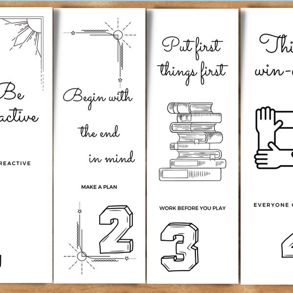 Printable Bookmark Set| 8 Habits of Highly Effective People| Habits 1-8| Set of 8 Printable Minimalist 2x6 PDF Bookmarks